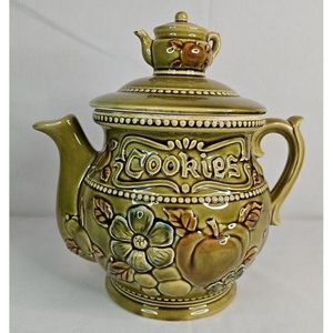 Vintage Japan Royal Sealy Green Floral Teapot Shaped Cookie Jar